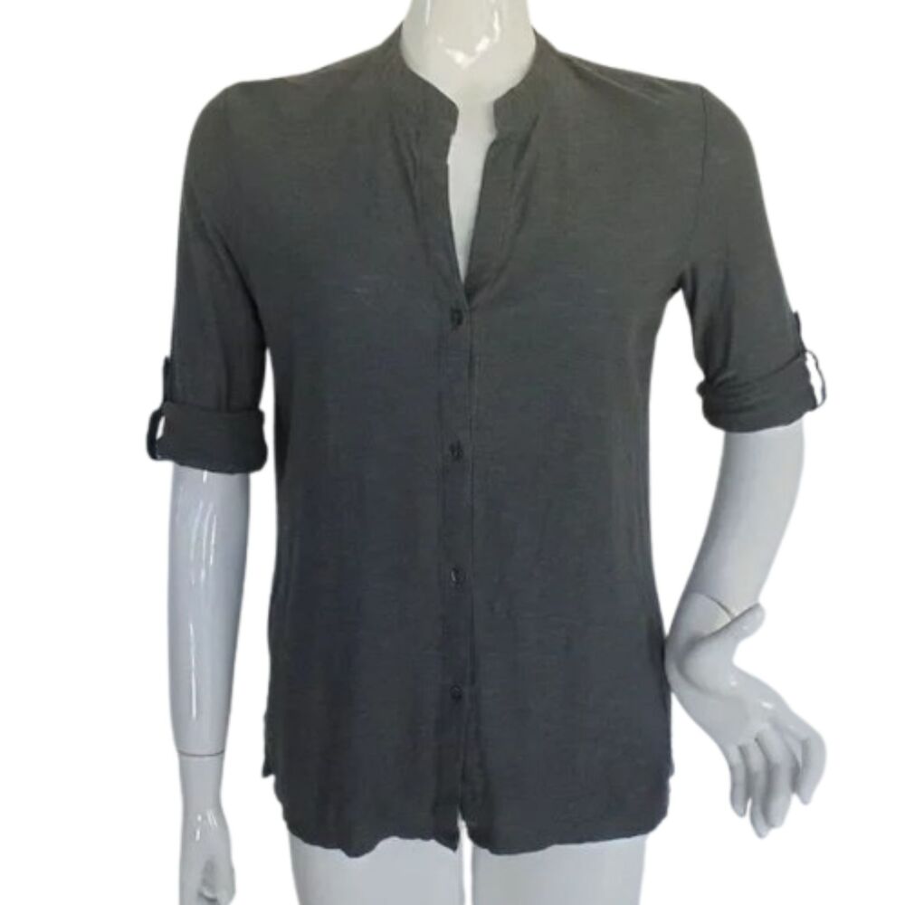 JAMES PERSE Top, 3/L, Button down, jersey, split neck, Slate green, 3/4 Sleeve - Picture 2 of 10